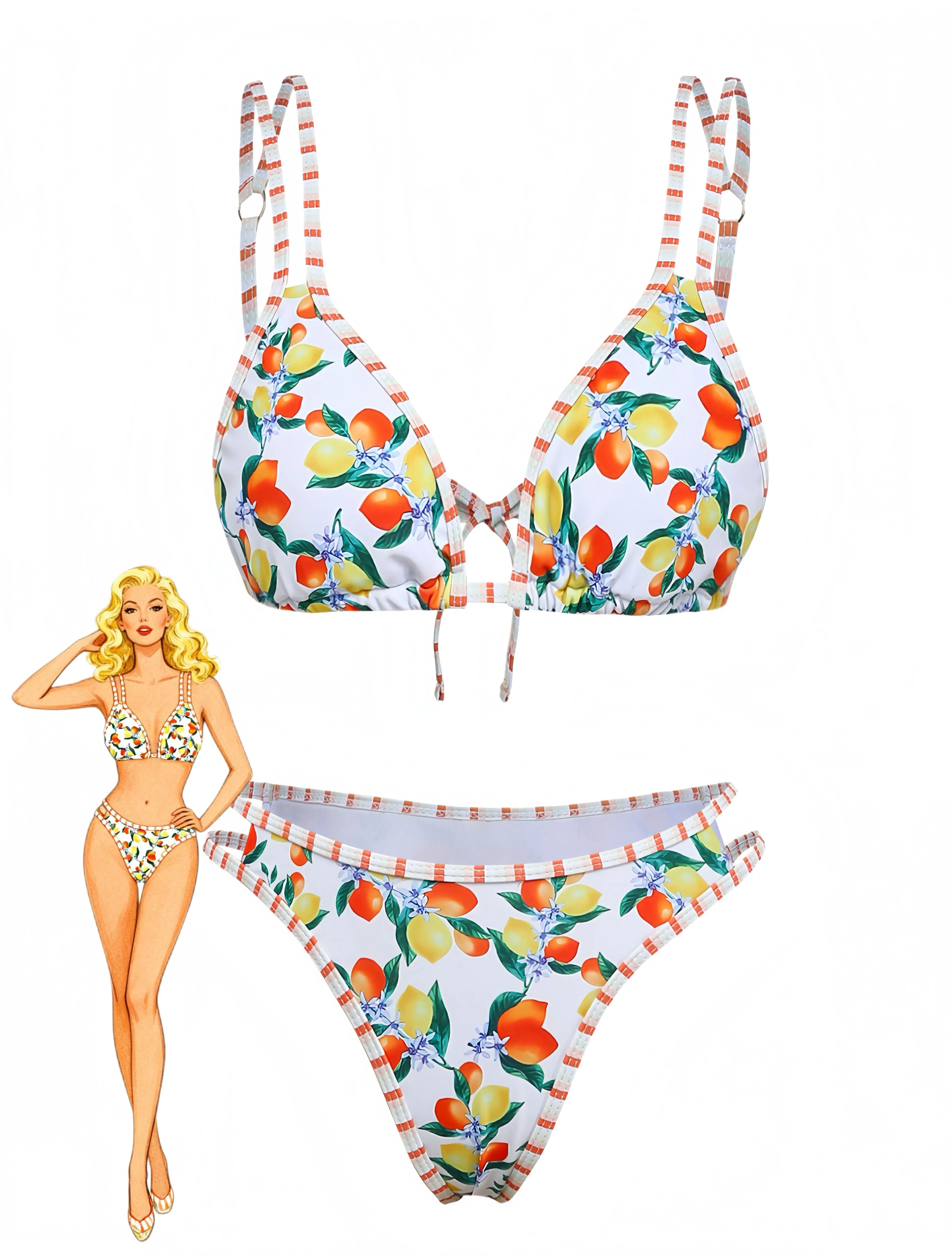 White 1960s Citrus Triangle-Strap Bikini Set sold by Retro Stage