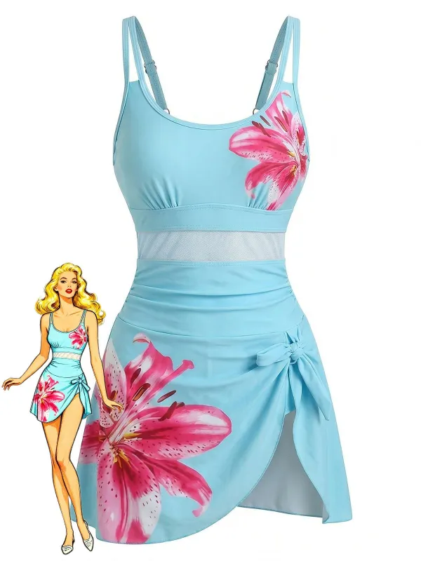 1940s Floral Strappy Scoop-Neck Tie Mesh Swim Dress made by Retro Stage