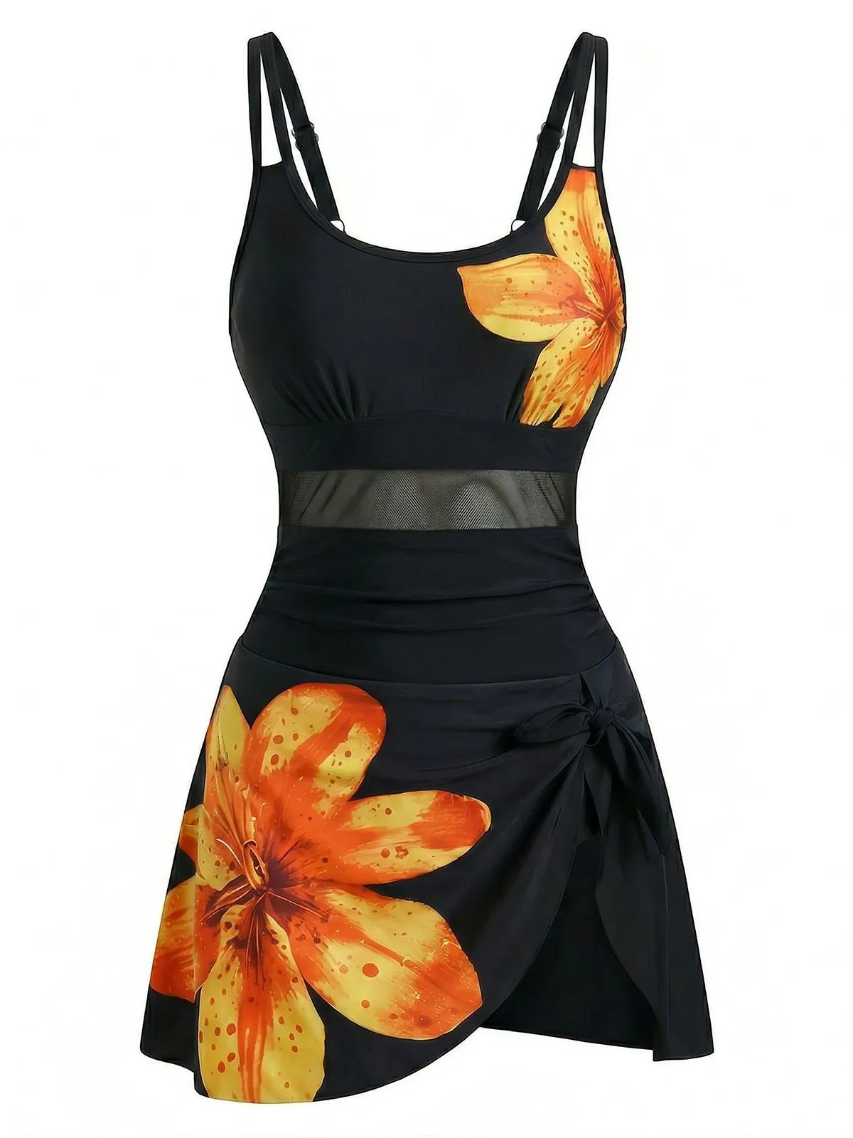 1940s Floral Strappy Scoop-Neck Tie Mesh Swim Dress sold by Retro Stage product image thumbnail 4