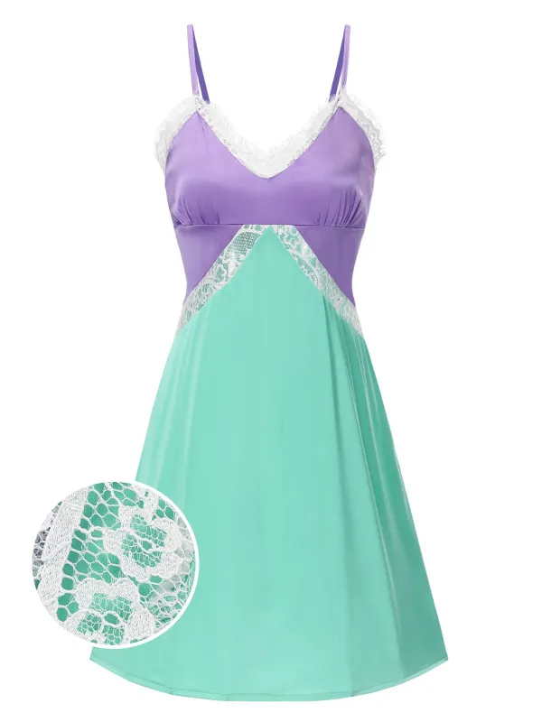 [Pre-Sale] Green & Purple 1950s Lace Patchwork Straps Nightgown sold by Retro Stage