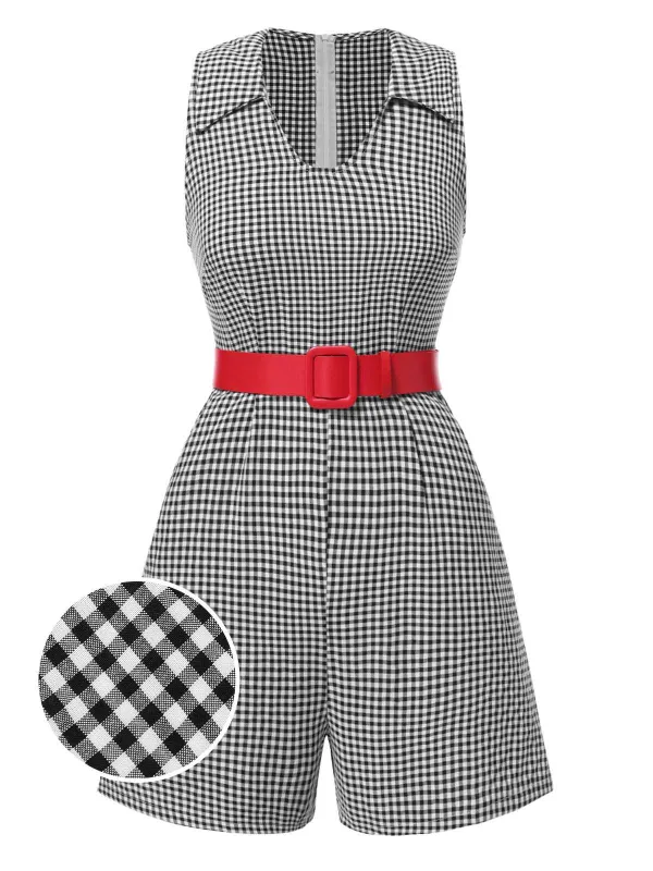 [Pre-Sale] Black 1950s Lapel Gingham Plaid Sleeveless Romper made by Retro Stage
