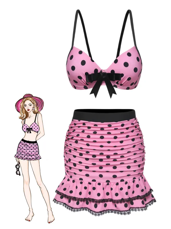 [Pre-Sale] Pink 1950s Polka Dot Halter Skirt Swimsuit sold by Retro Stage