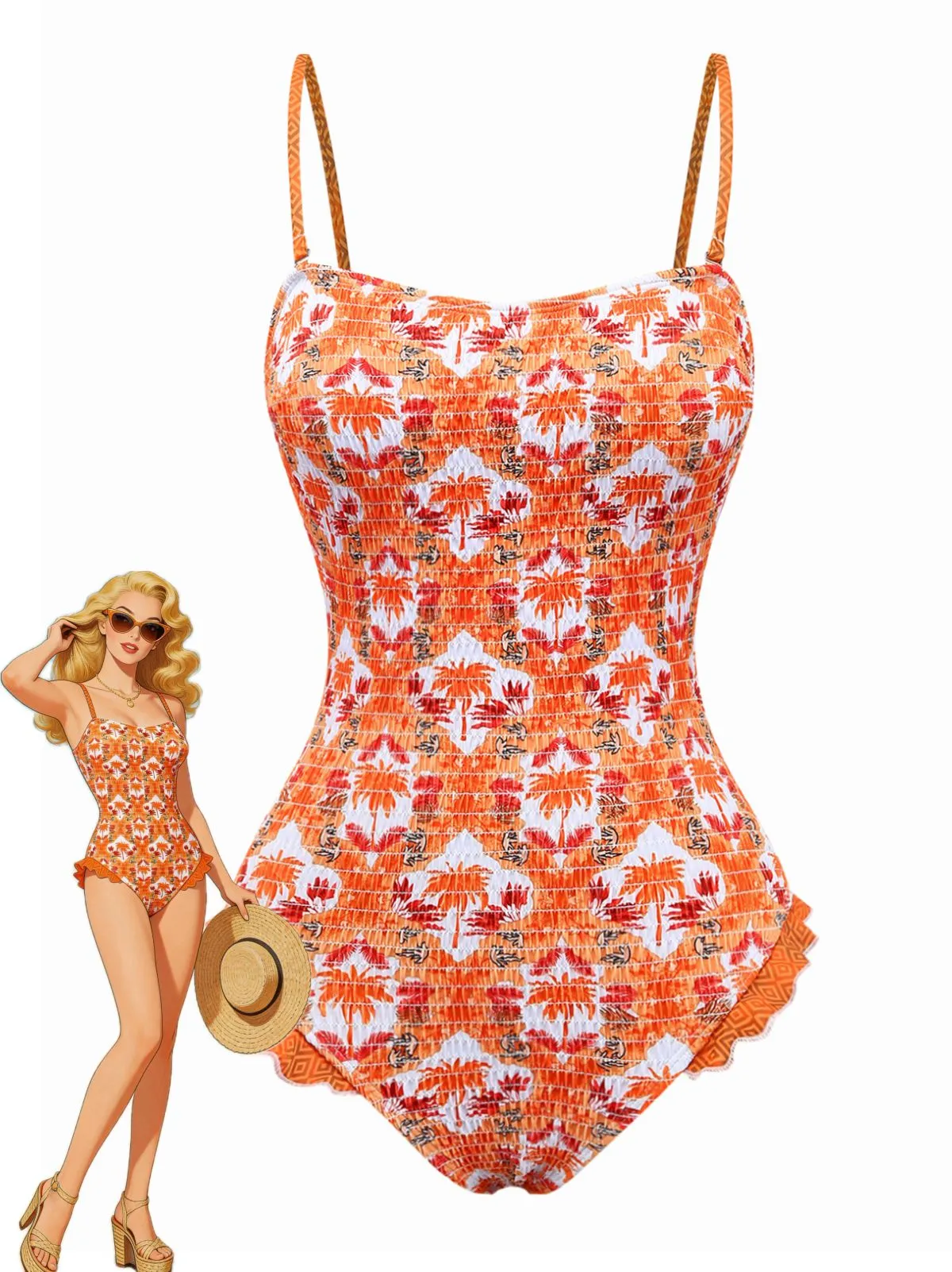 Orange 1960s Tropical Coconut Palm Tree Print Swimsuit sold by Retro Stage