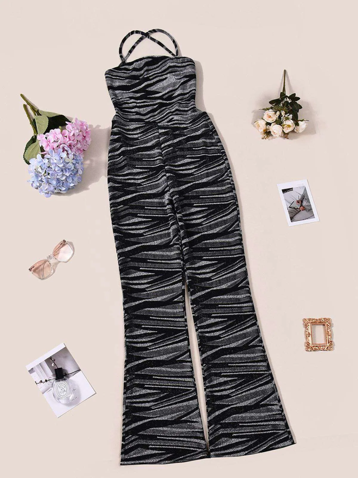 Black 1930s Zebra Print Halter Backless Jumpsuit sold by Retro Stage product image thumbnail 4