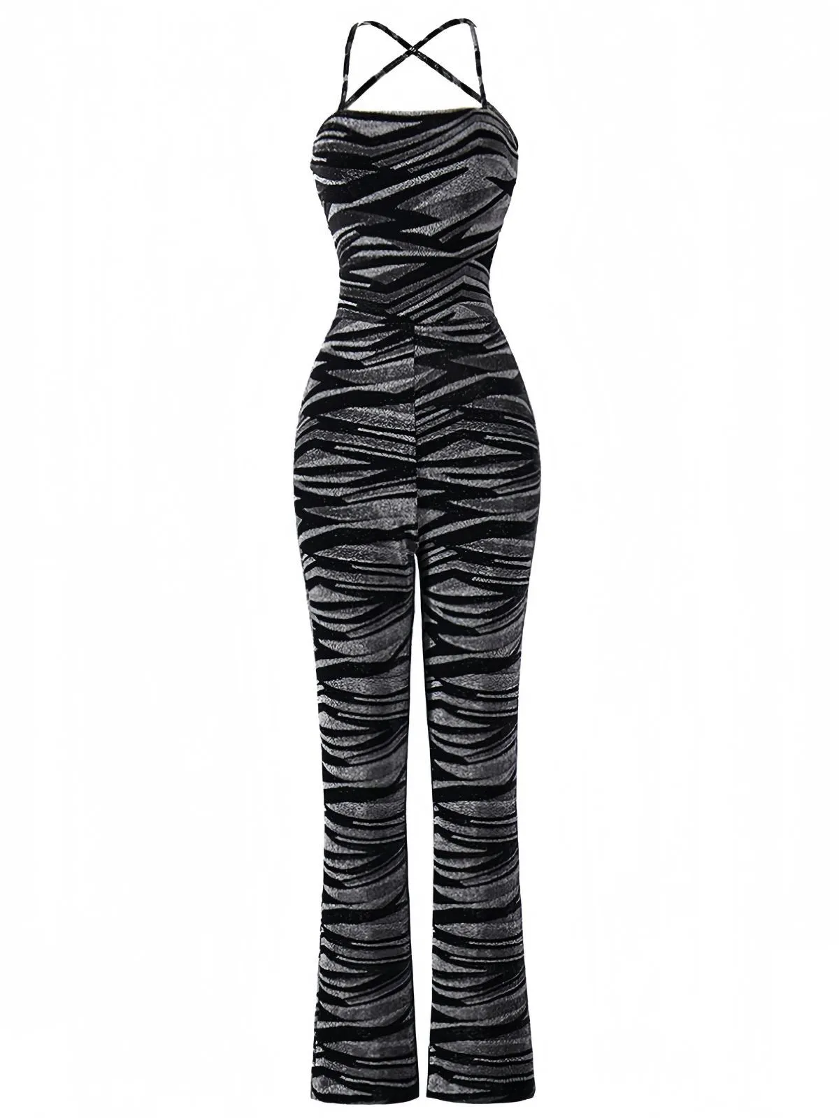 Black 1930s Zebra Print Halter Backless Jumpsuit sold by Retro Stage product image thumbnail 2