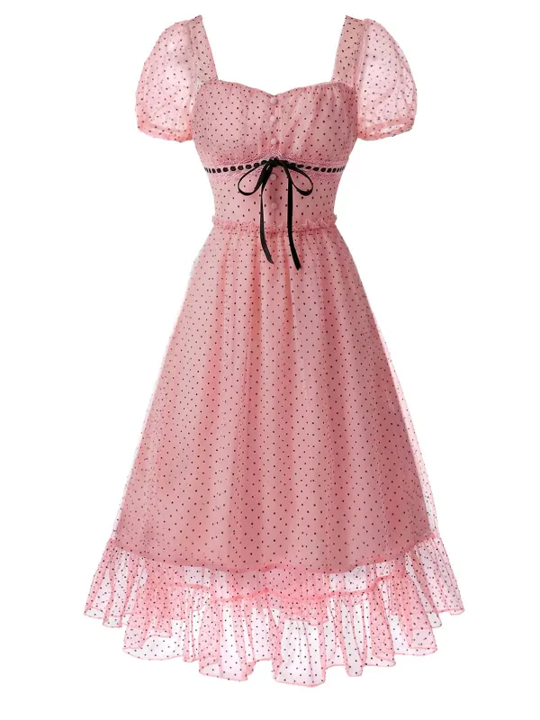 [Pre-Sale] Pink 1950s Polka Dot Square-Neck Ruffle Mesh Dress made by Retro Stage