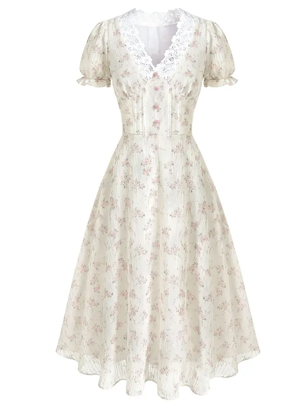 [Pre-Sale] 1940s Floral Lace V-Neck Short-Sleeve Midi Dress sold by Retro Stage