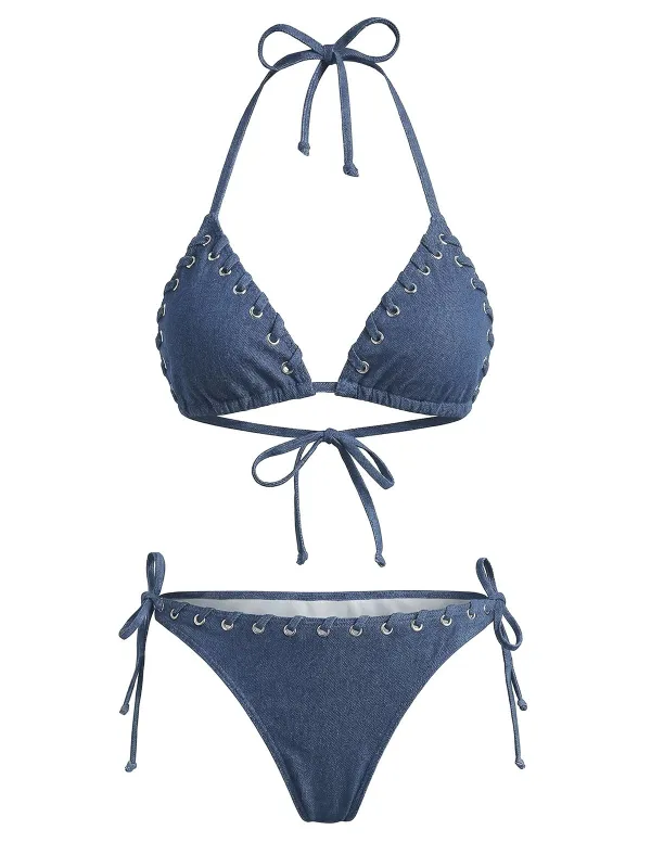 [Pre-Sale] Blue 1970s Faux Denim Halter Eyelet Tie-Side Bikini Set sold by Retro Stage