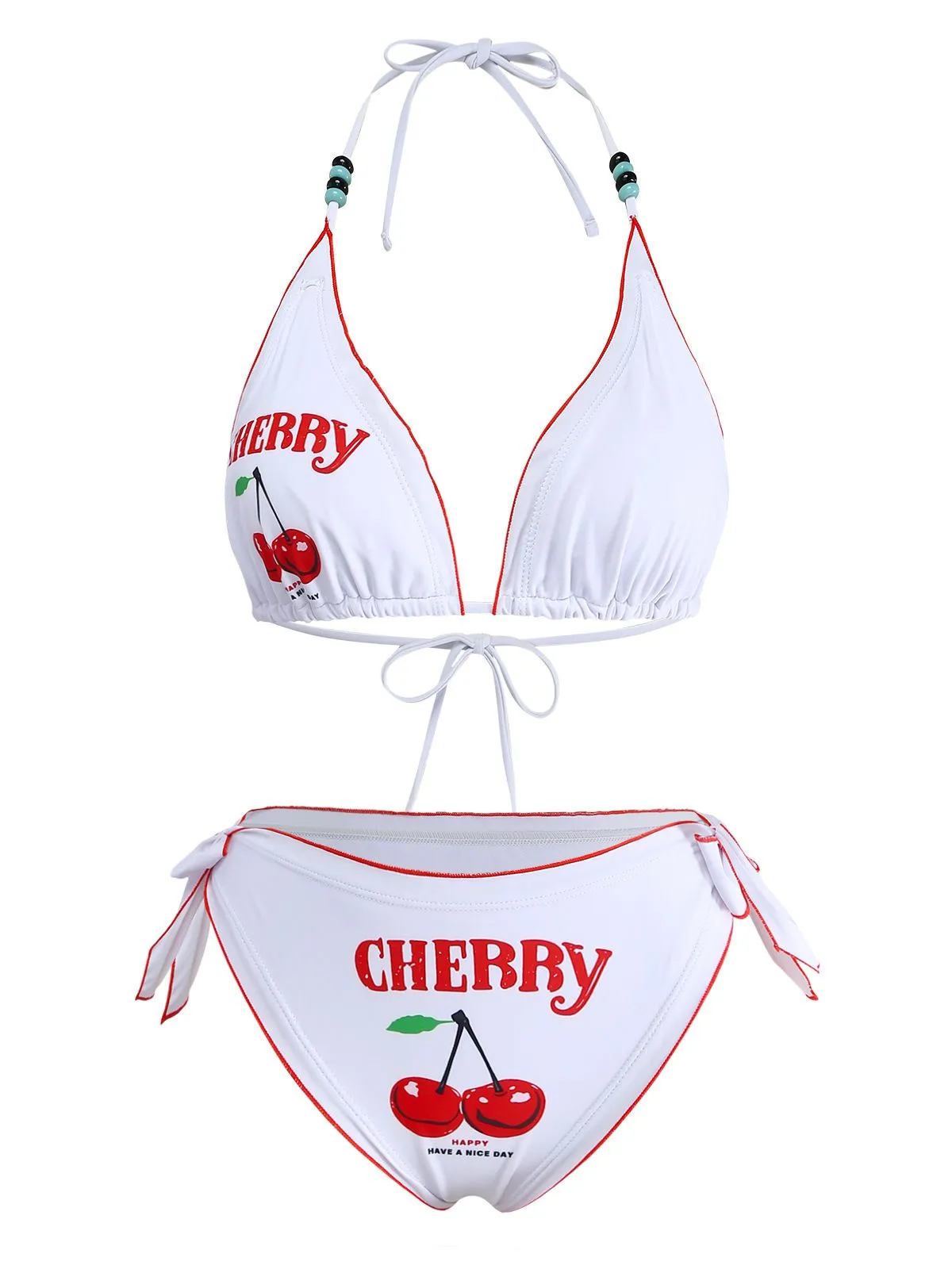 White 1970s Cherry Print Tie-Halter Bikini Set sold by Retro Stage product image thumbnail 2