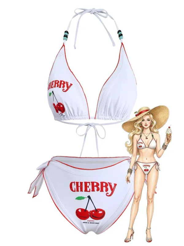 White 1970s Cherry Print Tie-Halter Bikini Set made by Retro Stage