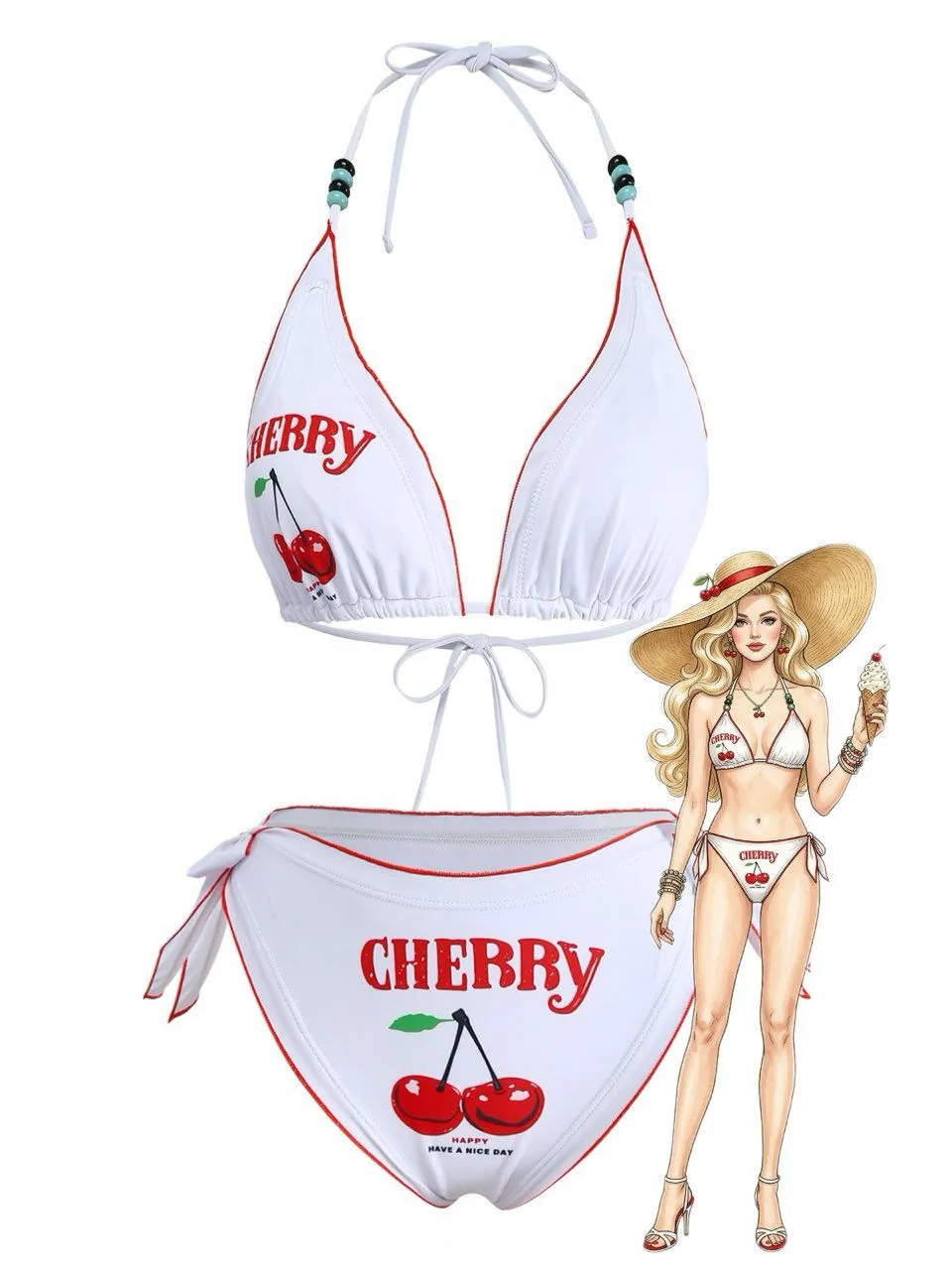 White 1970s Cherry Print Tie-Halter Bikini Set sold by Retro Stage