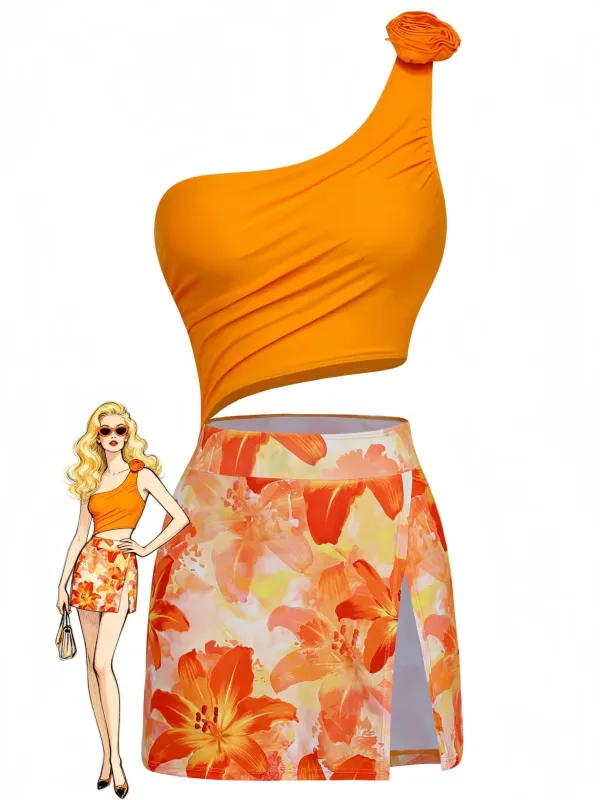 1940s 3D Floral One-Shoulder One-Piece Swimdress sold by Retro Stage