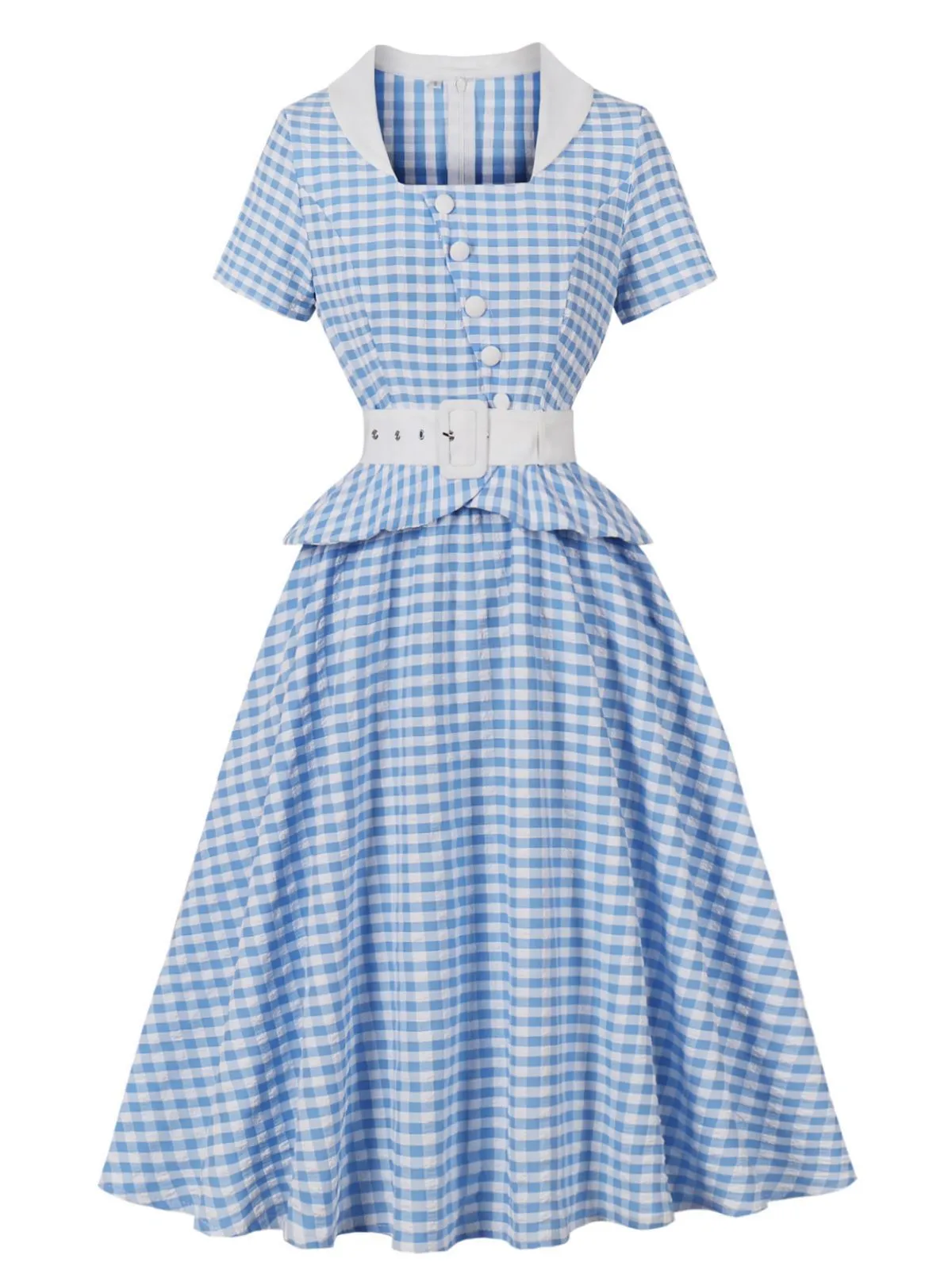 Blue 1950s Gingham Plaid Ruffle Swing Dress sold by Retro Stage product image thumbnail 3