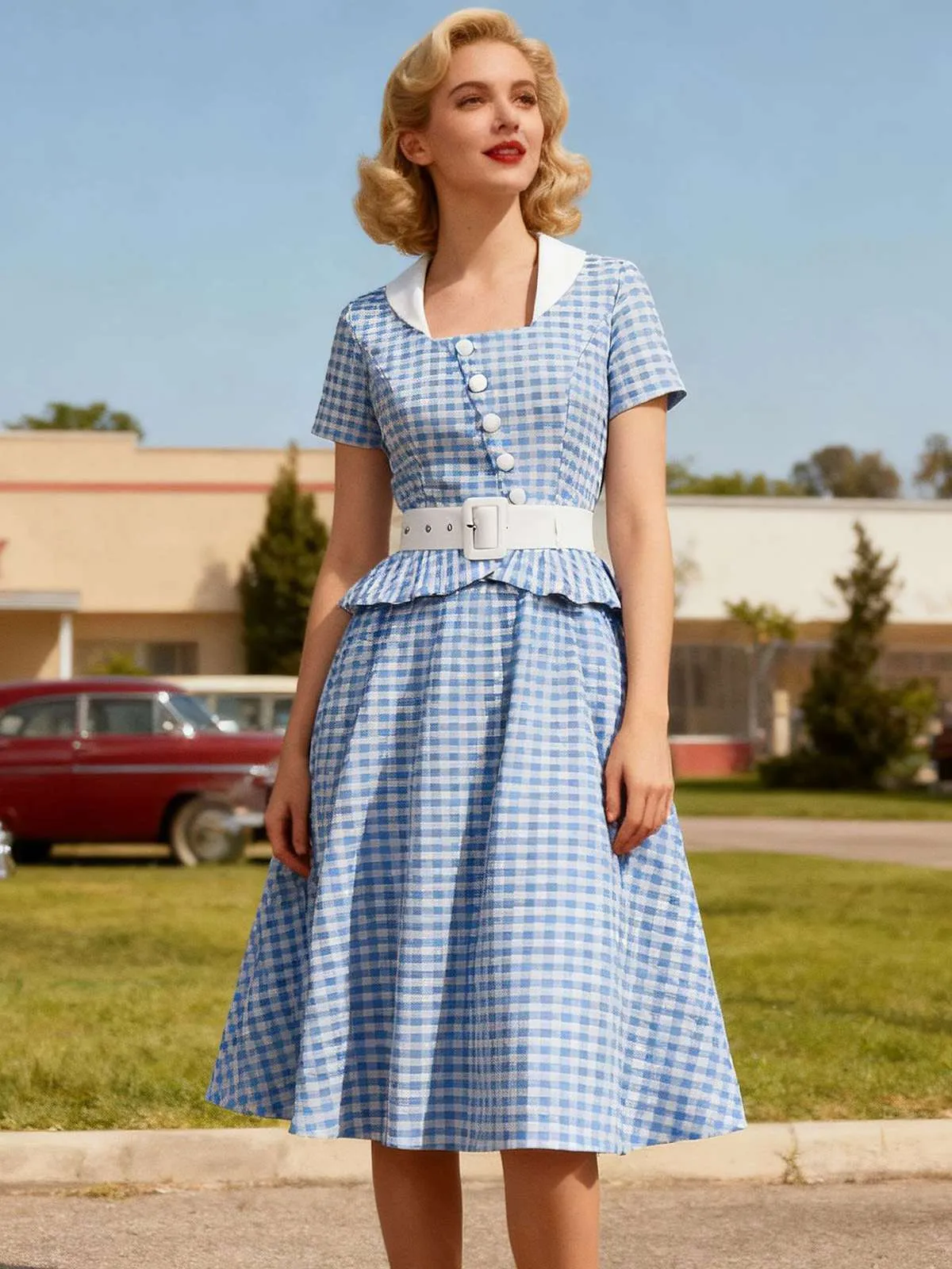 Blue 1950s Gingham Plaid Ruffle Swing Dress sold by Retro Stage product image thumbnail 2