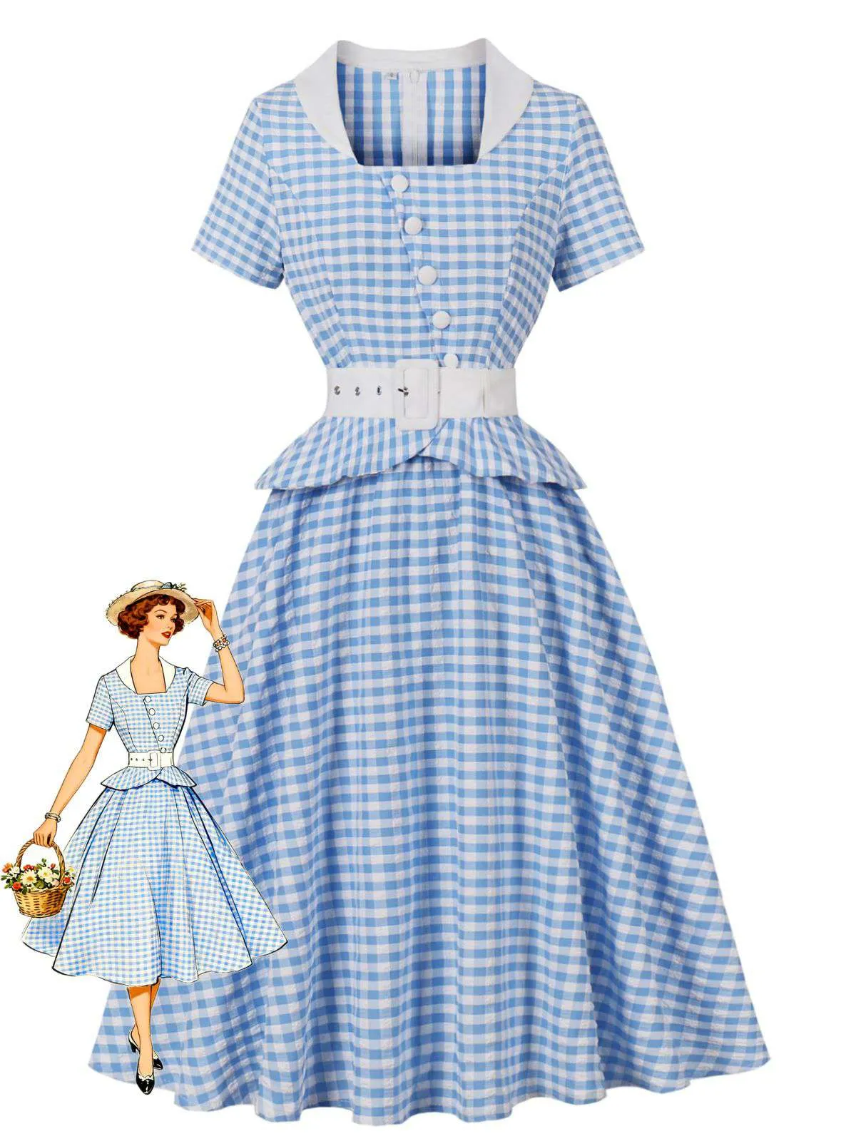 Blue 1950s Gingham Plaid Ruffle Swing Dress sold by Retro Stage