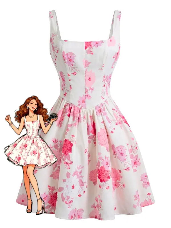 White 1950s Pink Floral Square-Neck Sleeveless Mini Dress sold by Retro Stage