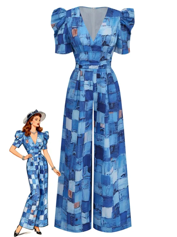 Blue 1940s Patchwork Puff-Sleeve V-Neck Jumpsuit made by Retro Stage