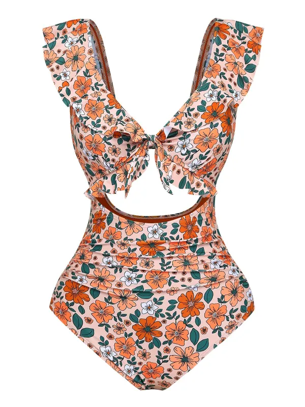 1930s Floral Ruffle Cutout Tie-Front One-Piece Swimsuit made by Retro Stage