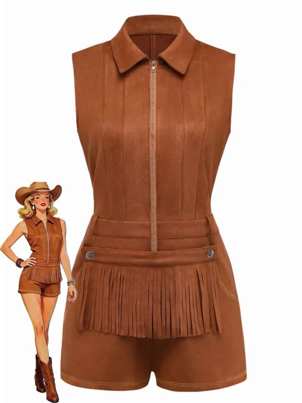 Brown 1970s Western Cowboy Suede Fringe Sleeveless Romper made by Retro Stage