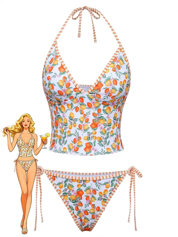 Orange 1950s Lemon Print Halter Tankini Set made by Retro Stage