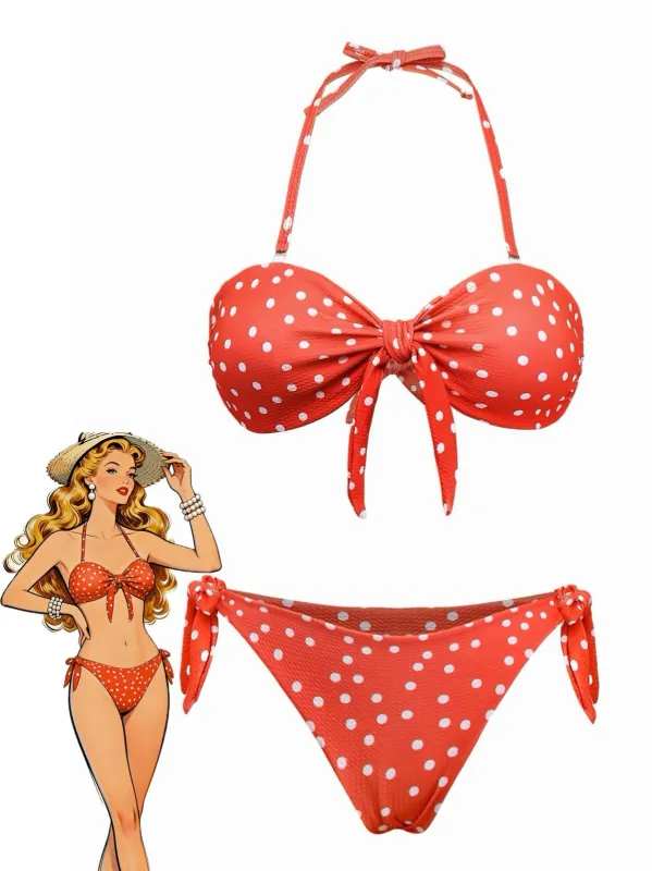 1970s Polka Dot Tie-Front Strapless Bikini Set made by Retro Stage