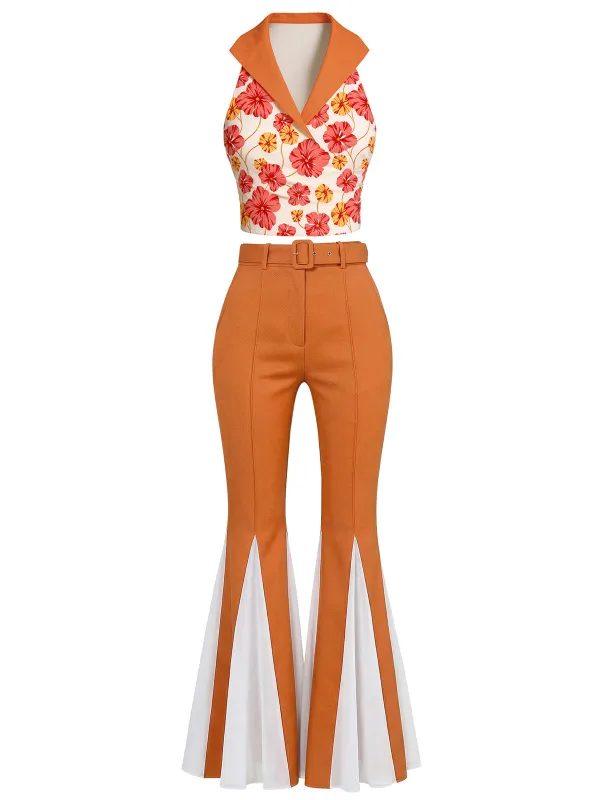 [Pre-Sale] 2PCS Orange 1970s Floral Top & Belted Flare Pants made by Retro Stage