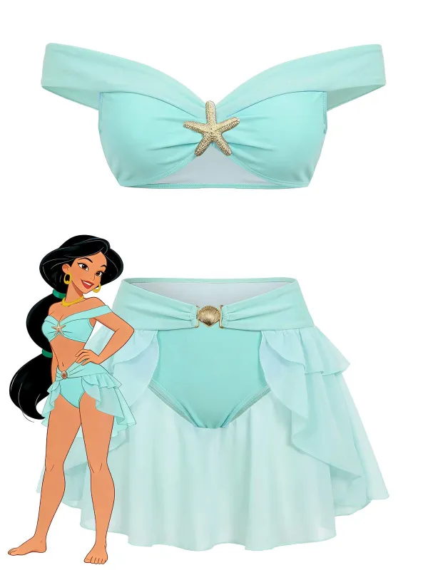 [Pre-Sale] Teal 1970s Jasmine Princess Off-Shoulder Ruffled Bikini Set sold by Retro Stage