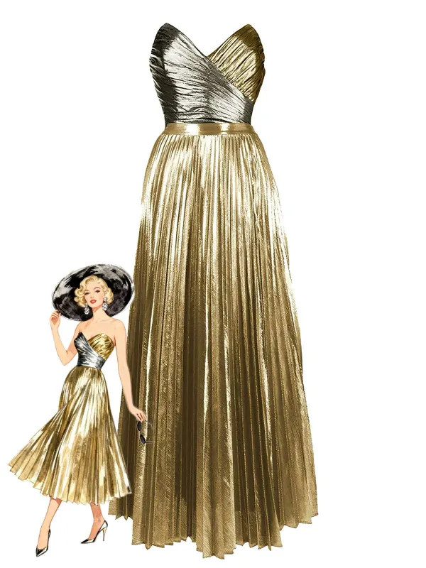 2PCS Gold 1950s Metallic One-Piece Swimsuit & Pleated Cover-Up made by Retro Stage