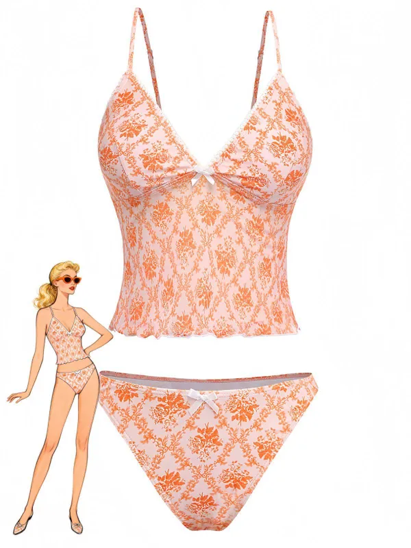 Orange 1970s Deep V-Neck Floral Print Tankini Set made by Retro Stage