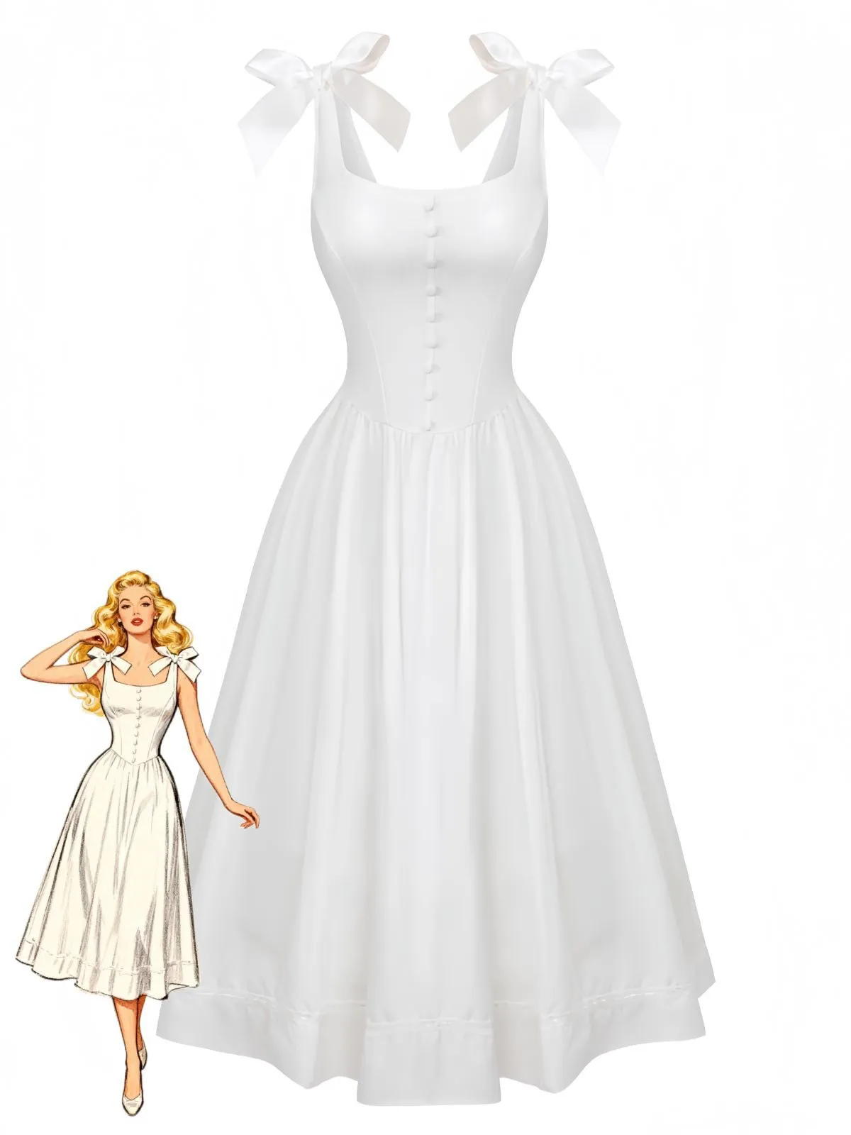 White 1940s Solid Lace-Up Button Dress sold by Retro Stage