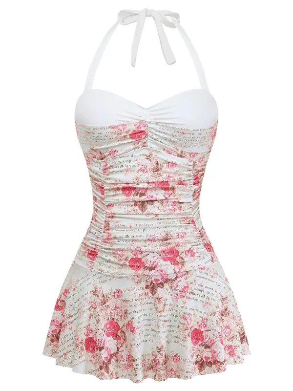 [Pre-Sale] 1950s Halter Roses Ruched Tummy Control Swimdress sold by Retro Stage