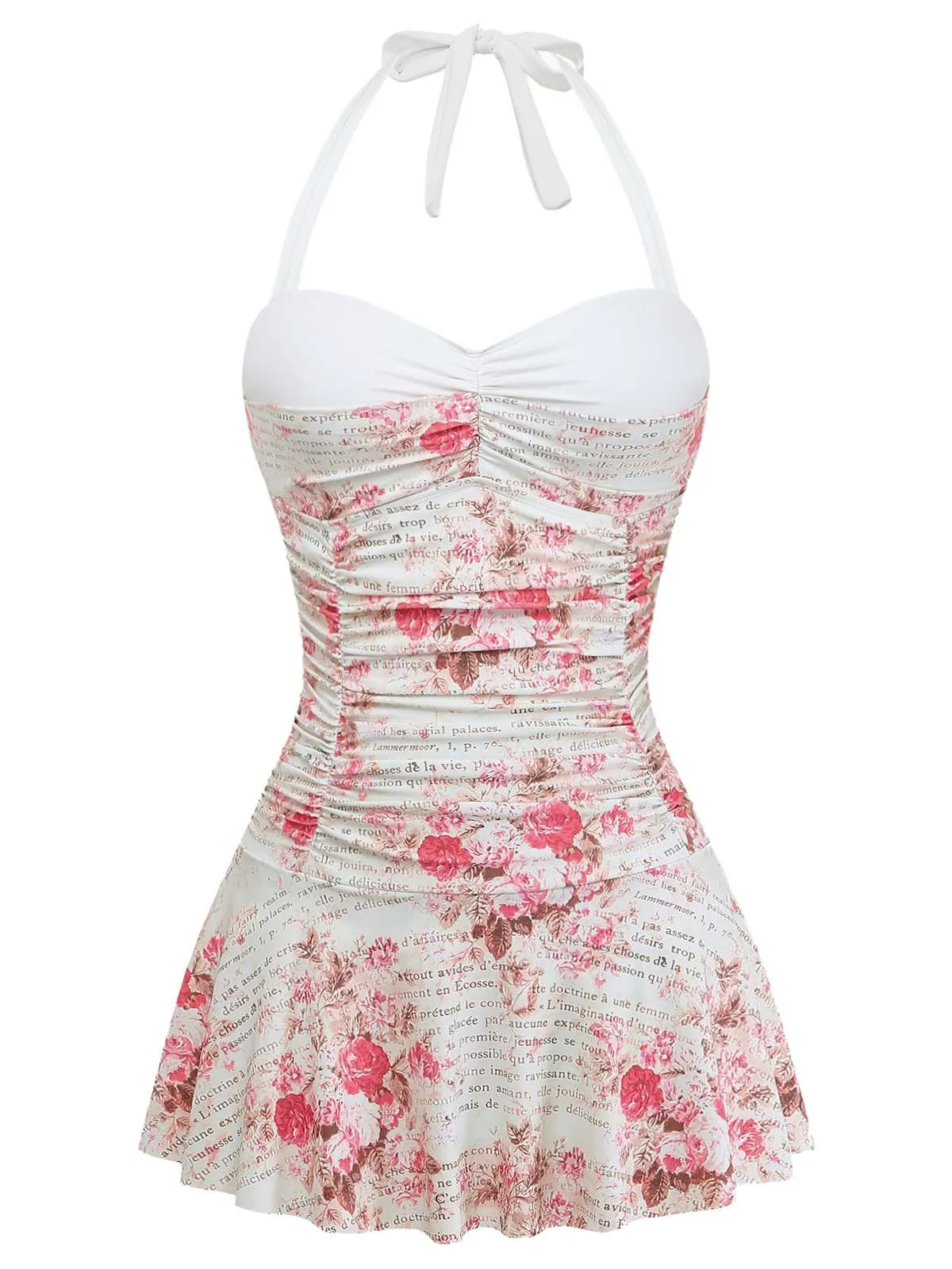 1950s Halter Roses Ruched Tummy Control Swimdress sold by Retro Stage