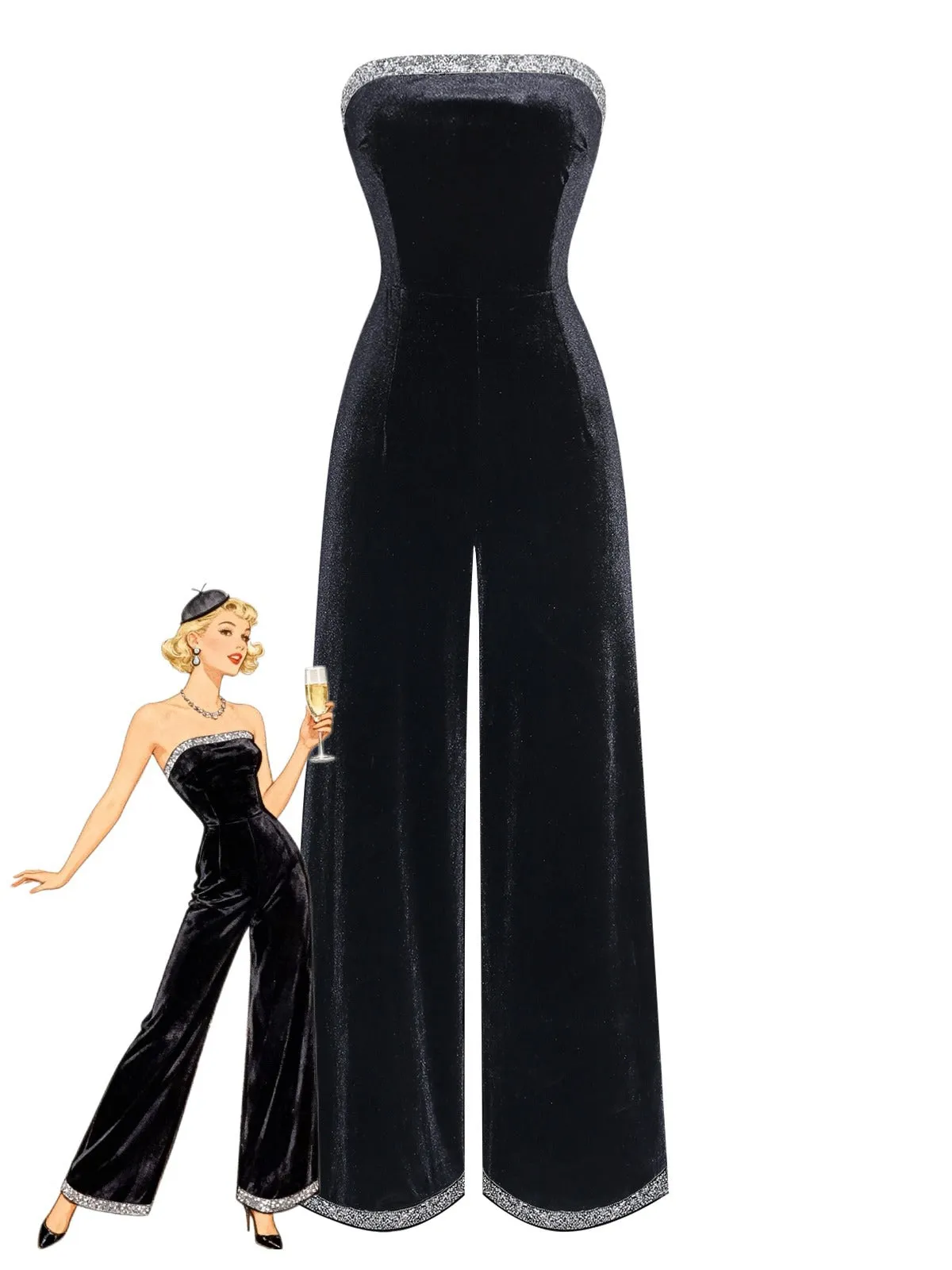 Black 1950s Strapless Velvet Rhinestone Patchwork Jumpsuit sold by Retro Stage