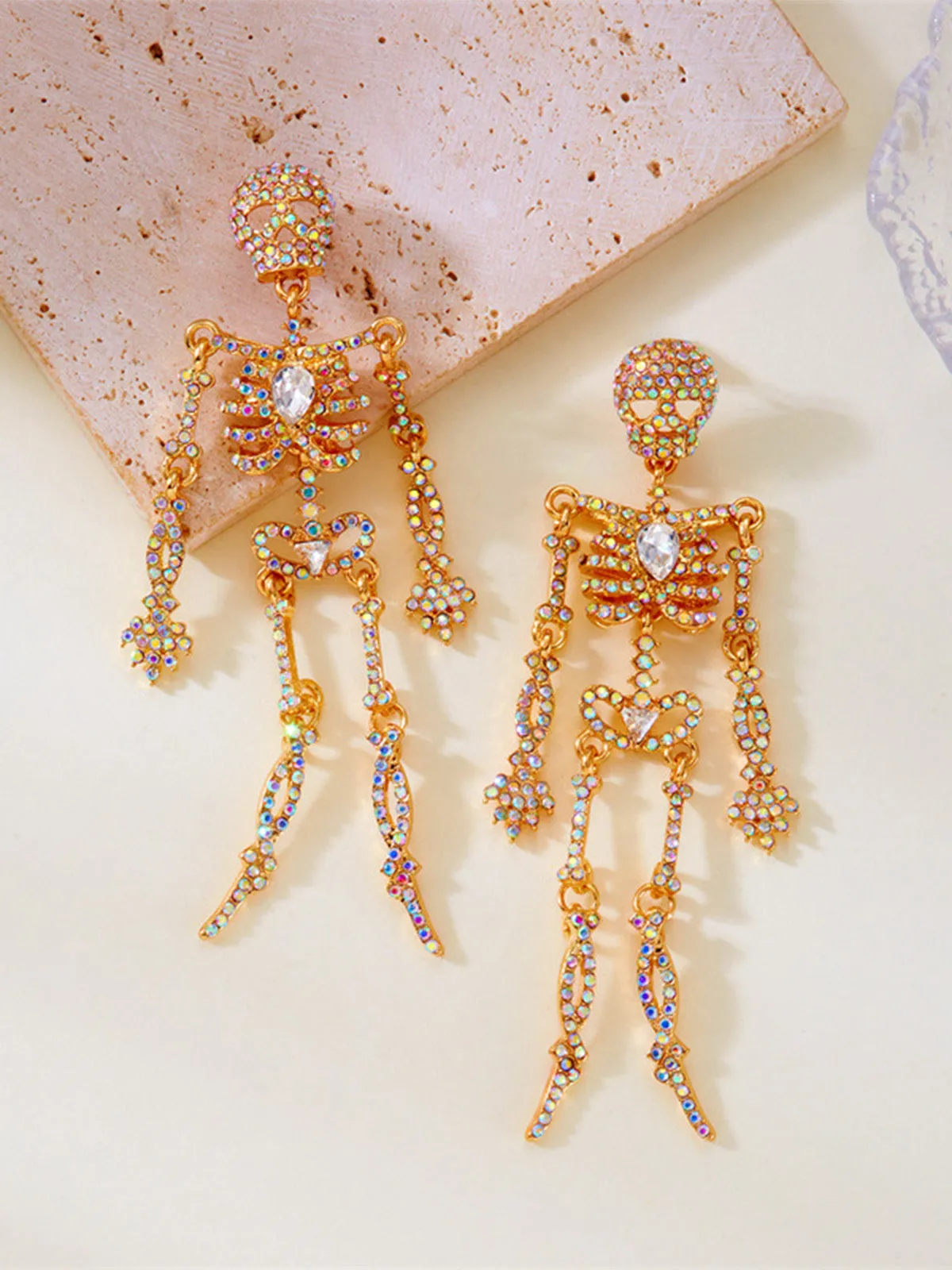 Gold Crystal Skeleton Drop Earrings sold by Retro Stage product image thumbnail 4