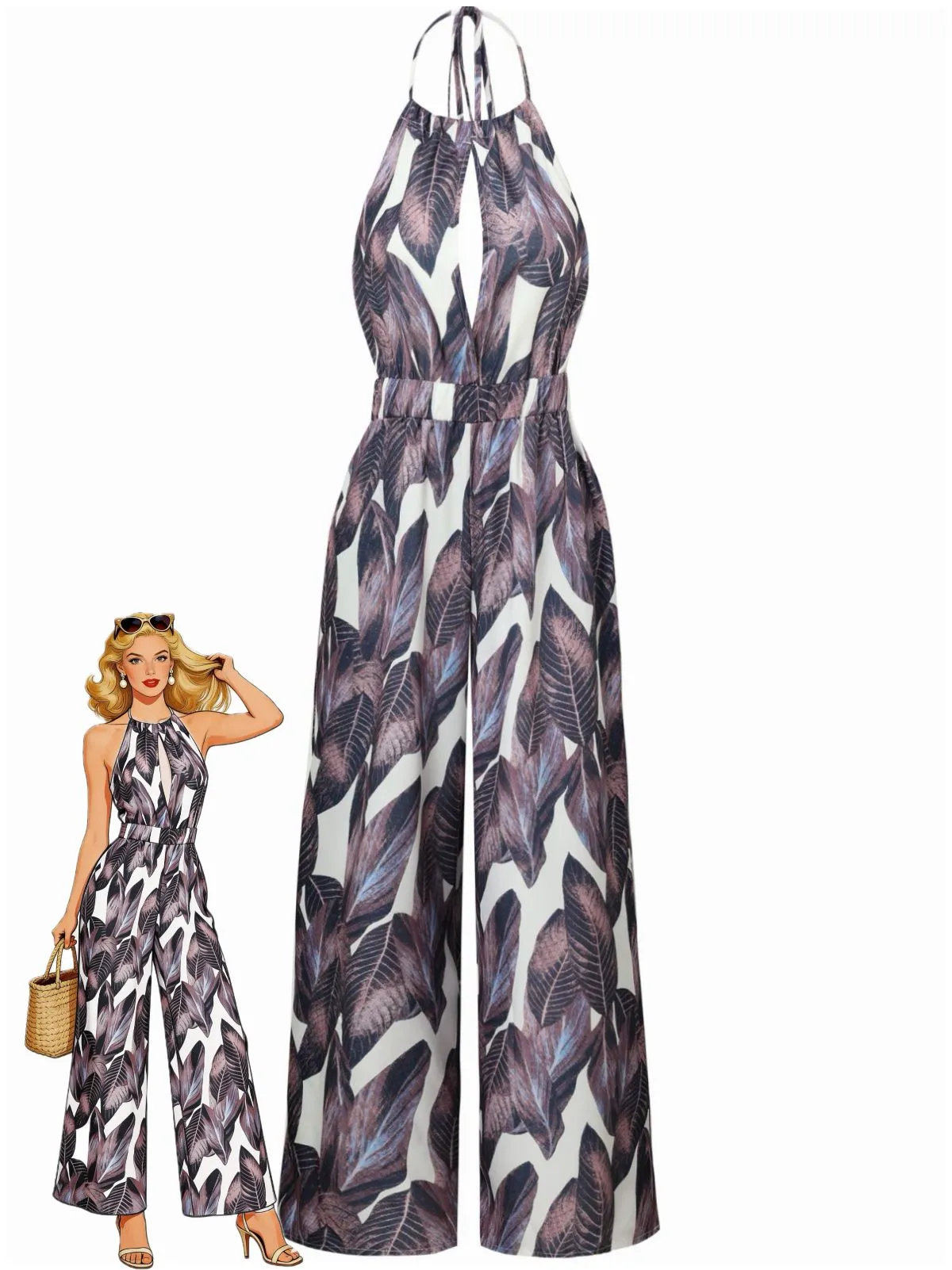 Purple 1970s Tropical Print V-Neck Wide Leg Jumpsuit sold by Retro Stage