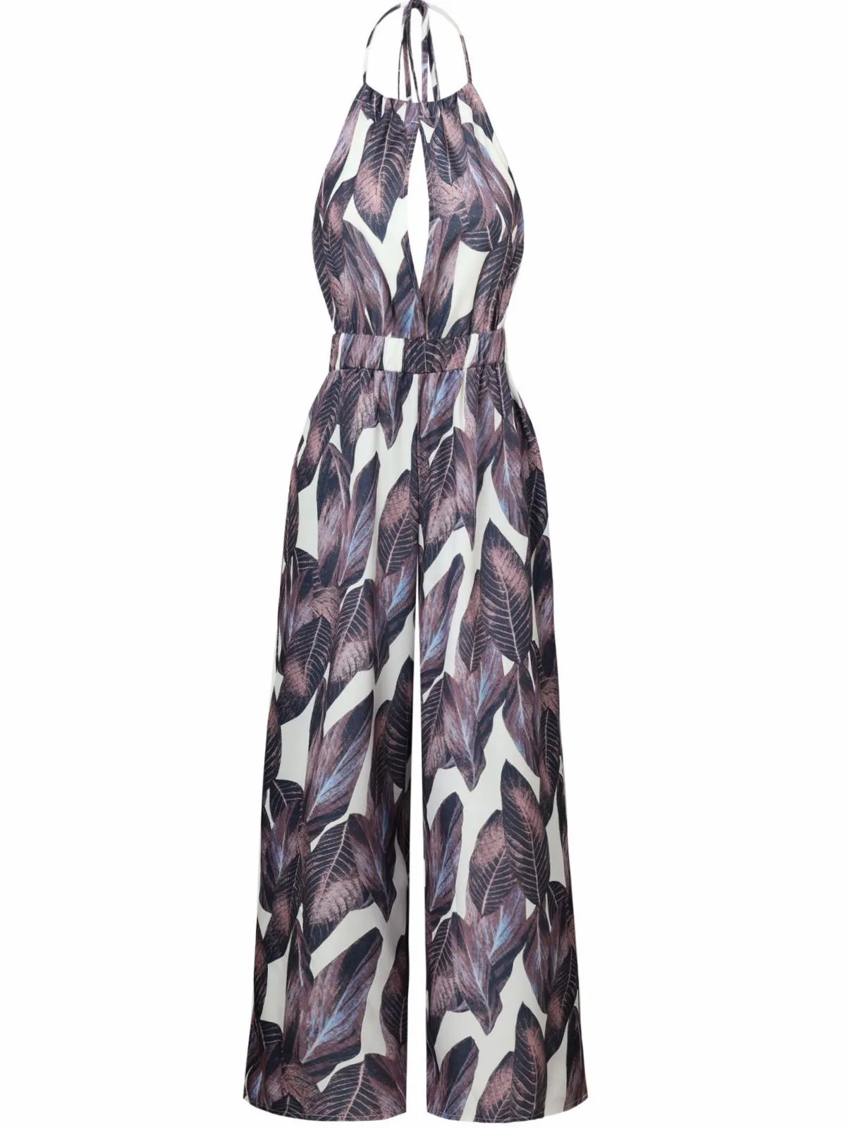 Purple 1970s Tropical Print V-Neck Wide Leg Jumpsuit sold by Retro Stage product image thumbnail 2