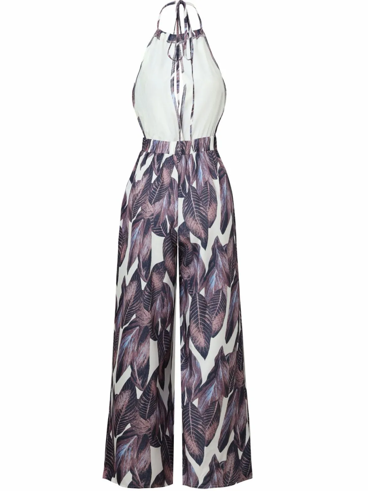 Purple 1970s Tropical Print V-Neck Wide Leg Jumpsuit sold by Retro Stage product image thumbnail 3