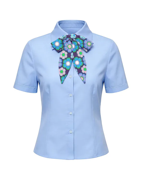 [Pre-Sale] Light Blue 1960s Solid Floral Tie Blouse made by Retro Stage