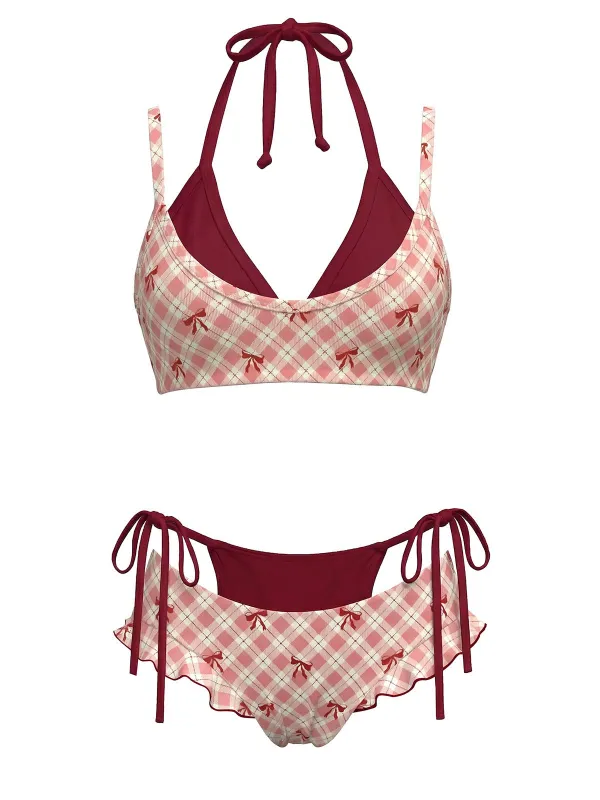 Red 1950s Plaid Bow Halter Double Layer Bikini Set made by Retro Stage