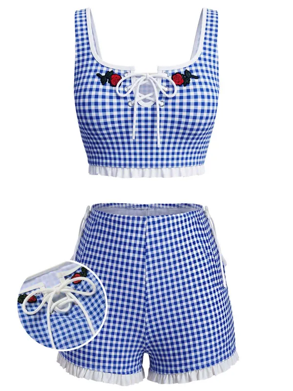 [Pre-Sale] Blue 1930s Ginghem Plaid Rose Embroidered Tankini Set made by Retro Stage