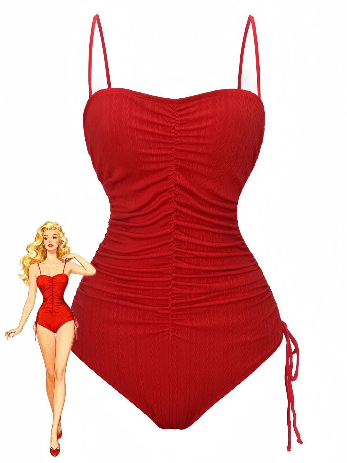 1940s Solid Ruched Spaghetti Strap One-Piece Swimsuit sold by Retro Stage