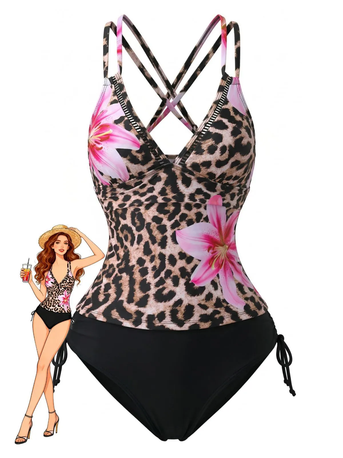 1950s V-Neck Floral Patchwork Tankini Set sold by Retro Stage