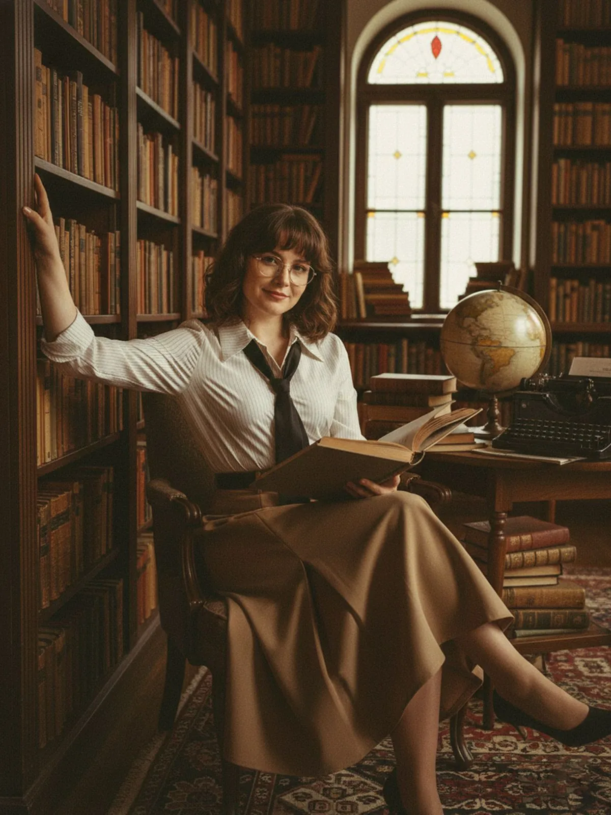 Khaki 1930s Striped Lapel Blouse Detachable Tie Dress sold by Retro Stage product image thumbnail 5