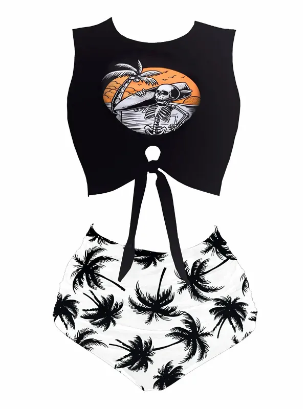 [Pre-Sale] [Plus Size] 1980s Punk Waist Tie Skeleton Beach Print Bikini Set made by Retro Stage