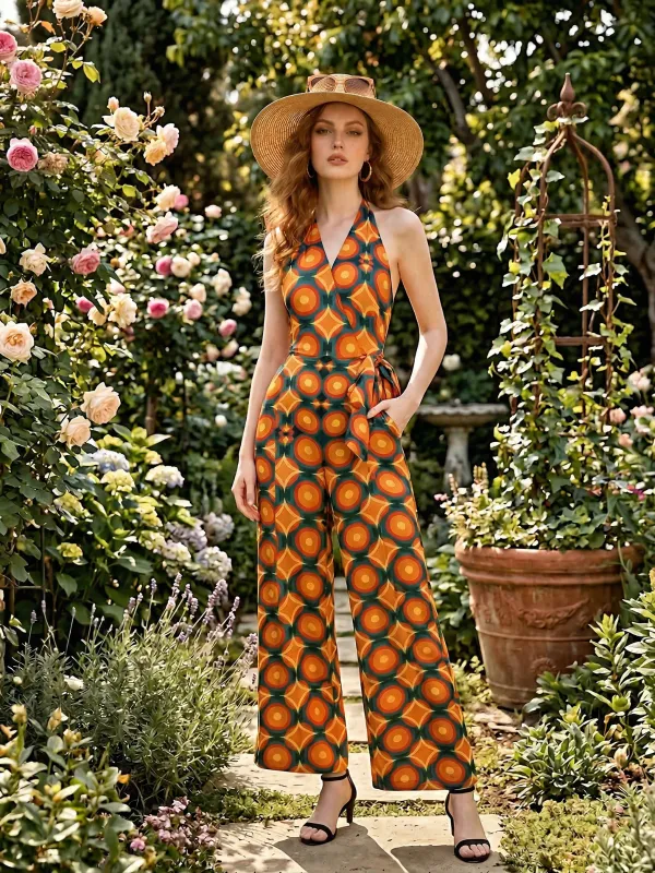 Orange 1970s Halter Geometric Print Jumpsuit made by Retro Stage