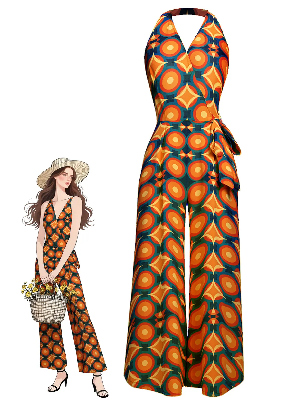 Orange 1970s Halter Geometric Print Jumpsuit sold by Retro Stage product image thumbnail 2