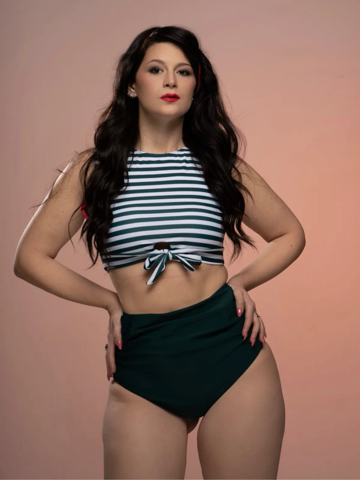 Green 1970s Striped Waist Tie Patchwork Swimsuit sold by Retro Stage