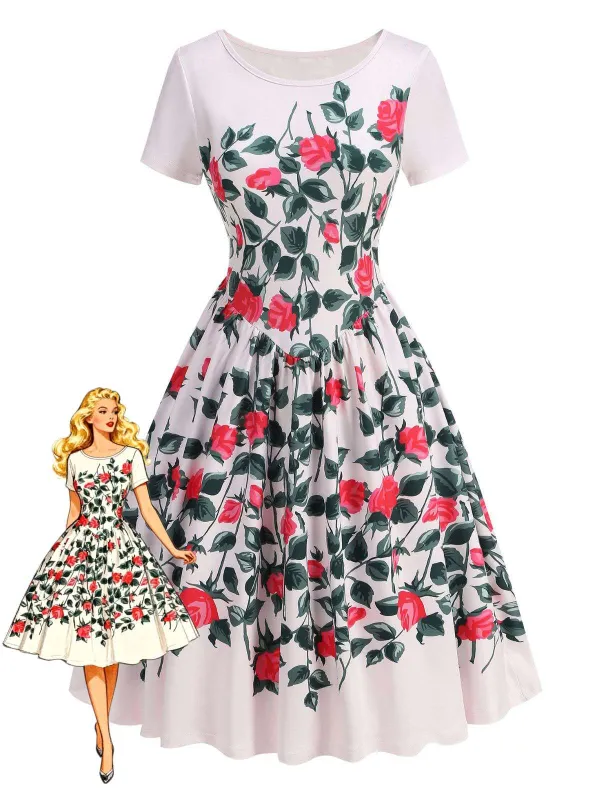 Pink 1950s Rose & Green Leaf Swing Dress made by Retro Stage
