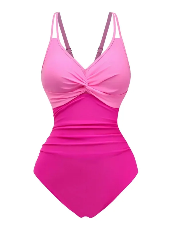 1950s V-Neck Color Patchwork One-Piece Swimsuit made by Retro Stage