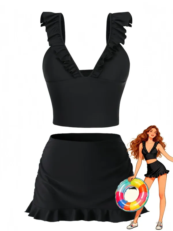 3PCS Black 1950s V-Neck Ruffled Bikini Skirt made by Retro Stage